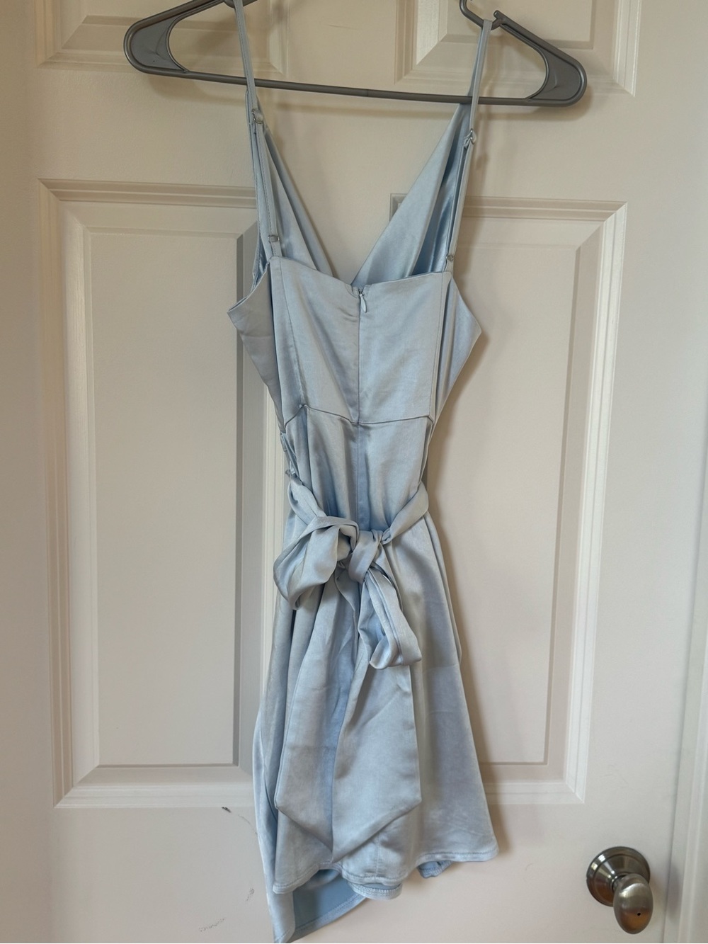 Mable Silver Blue Satin Cowl Neck Draped Mini Dress - Picture 2 of 3
